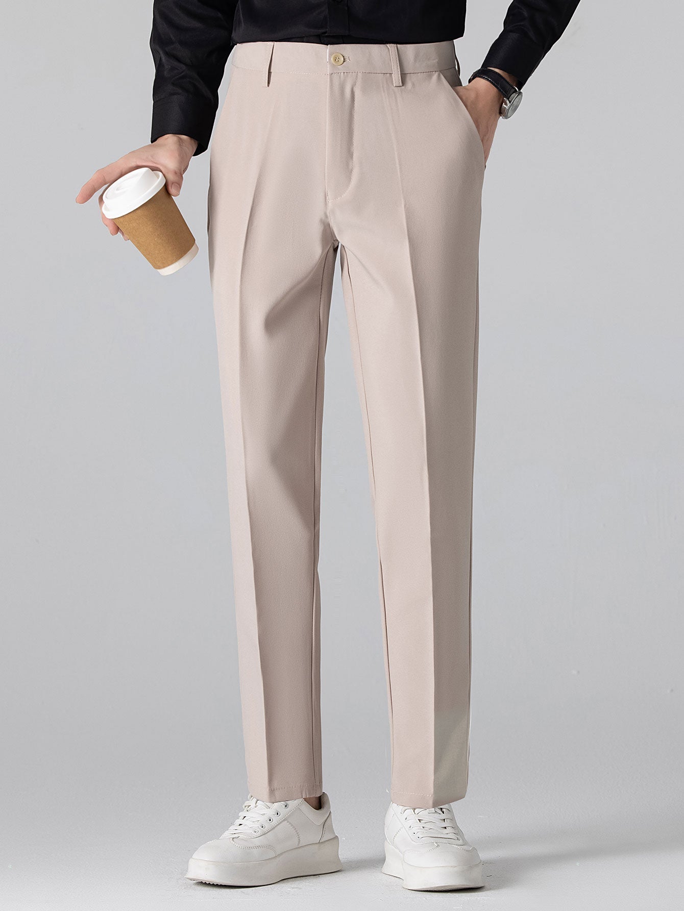 Long Sleeved Knitted Stripe Jacquard Polo Shirt & Slim Fit Tapered Trousers