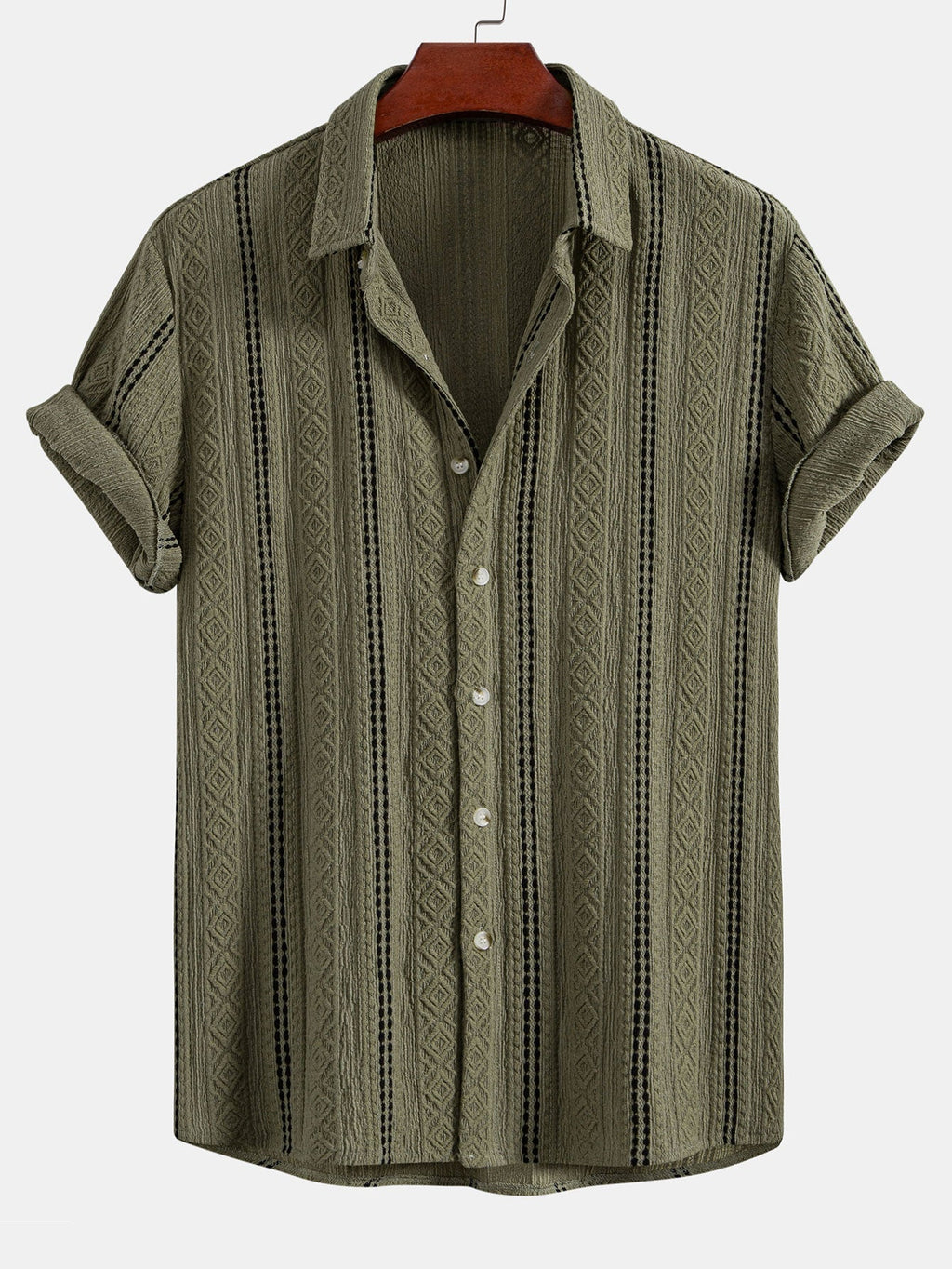 Geometric Striped Jacquard Button Up Shirt & Crinkled Textured Drawstring Shorts