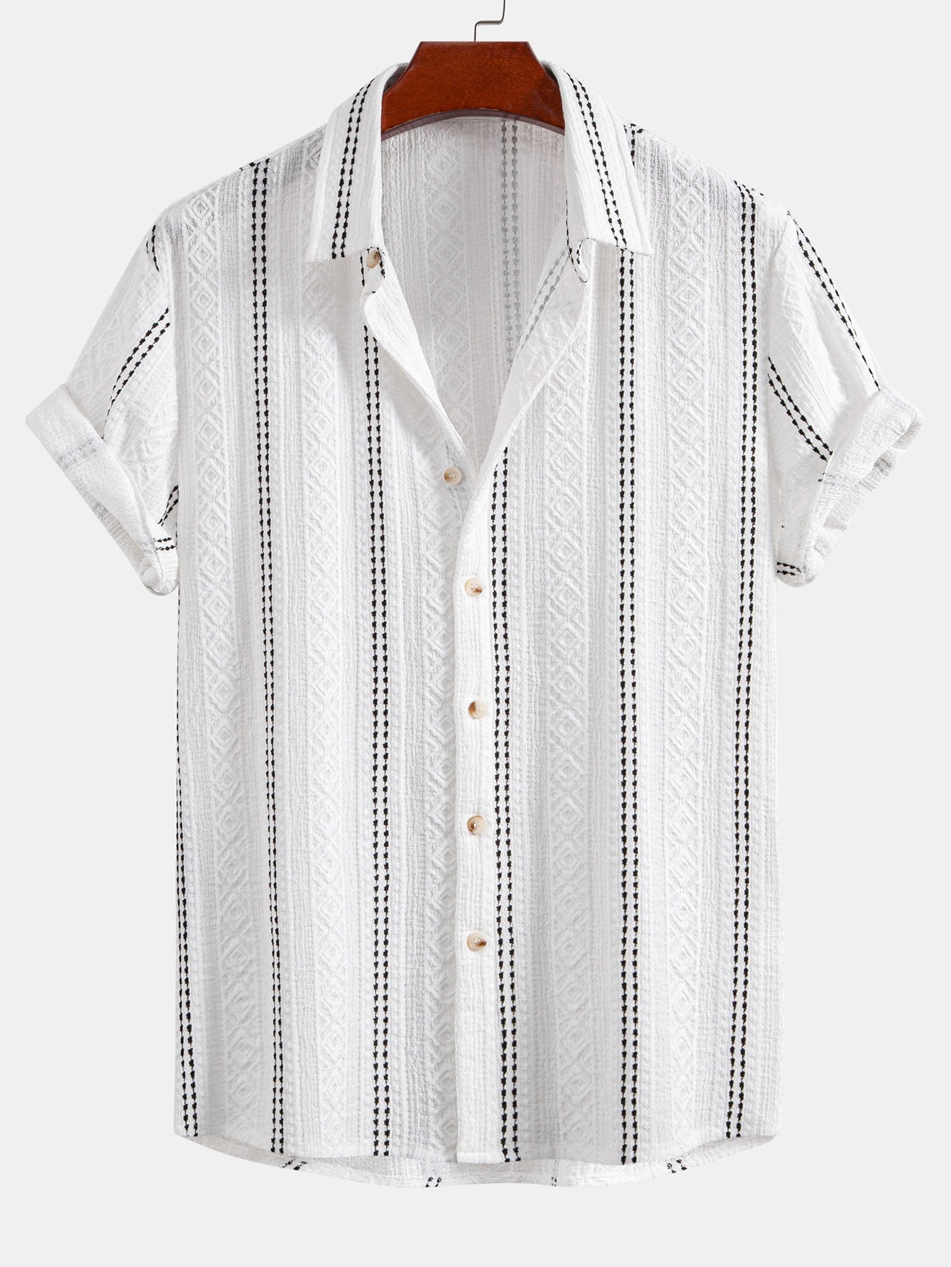 Geometric Striped Jacquard Button Up Shirt & Straight Leg Linen Pants