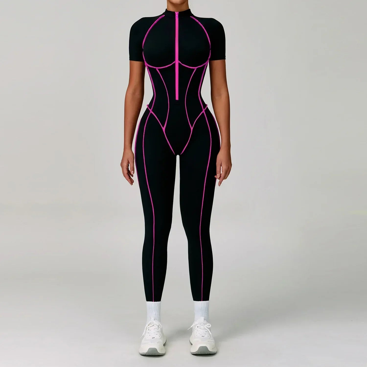 Zip-Up Short Sleeve Romper - Women's Push-Up Gym Jumpsuit