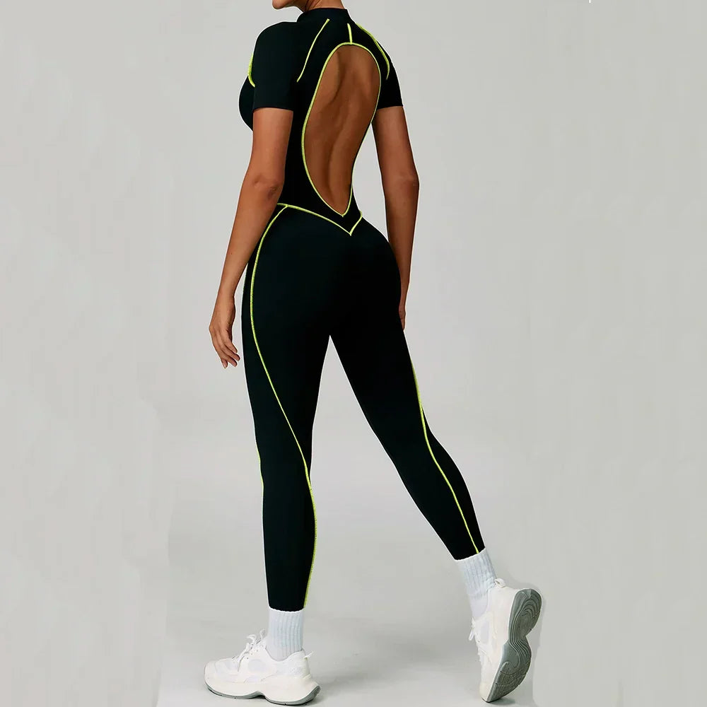 Zip-Up Short Sleeve Romper - Women's Push-Up Gym Jumpsuit