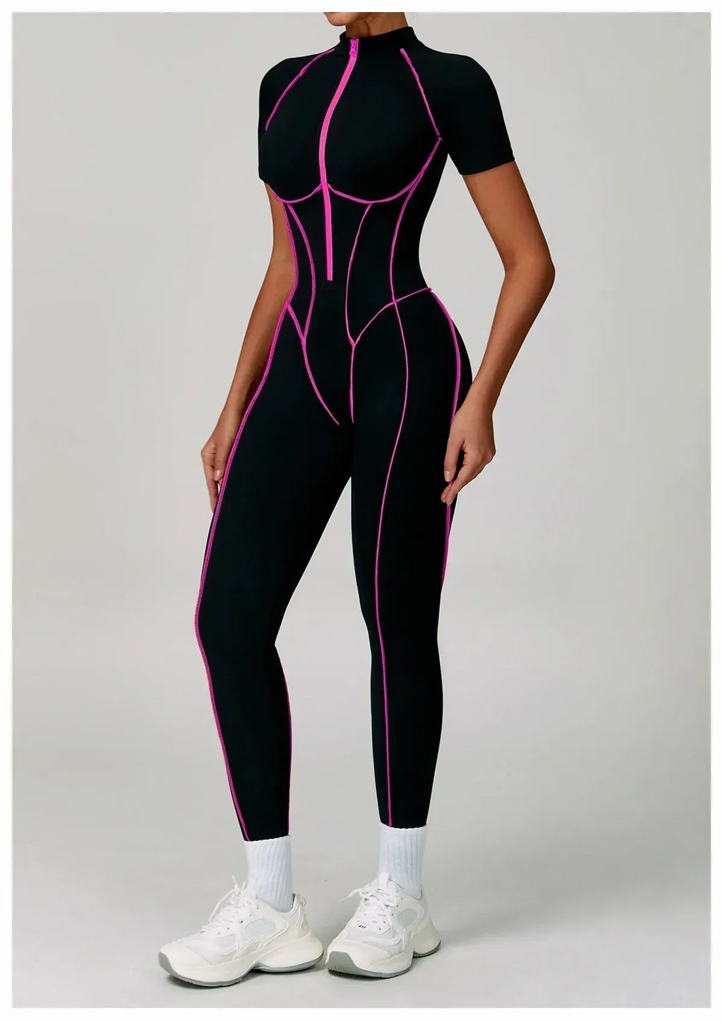 Zip-Up Short Sleeve Romper - Women's Push-Up Gym Jumpsuit