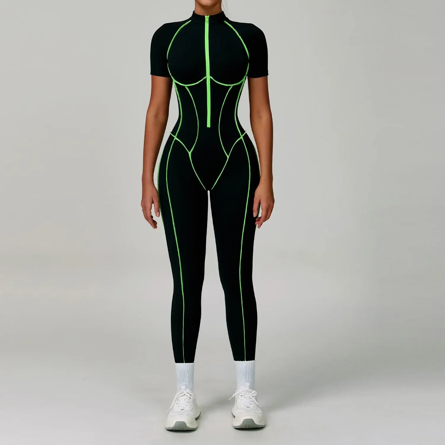 Zip-Up Short Sleeve Romper - Women's Push-Up Gym Jumpsuit
