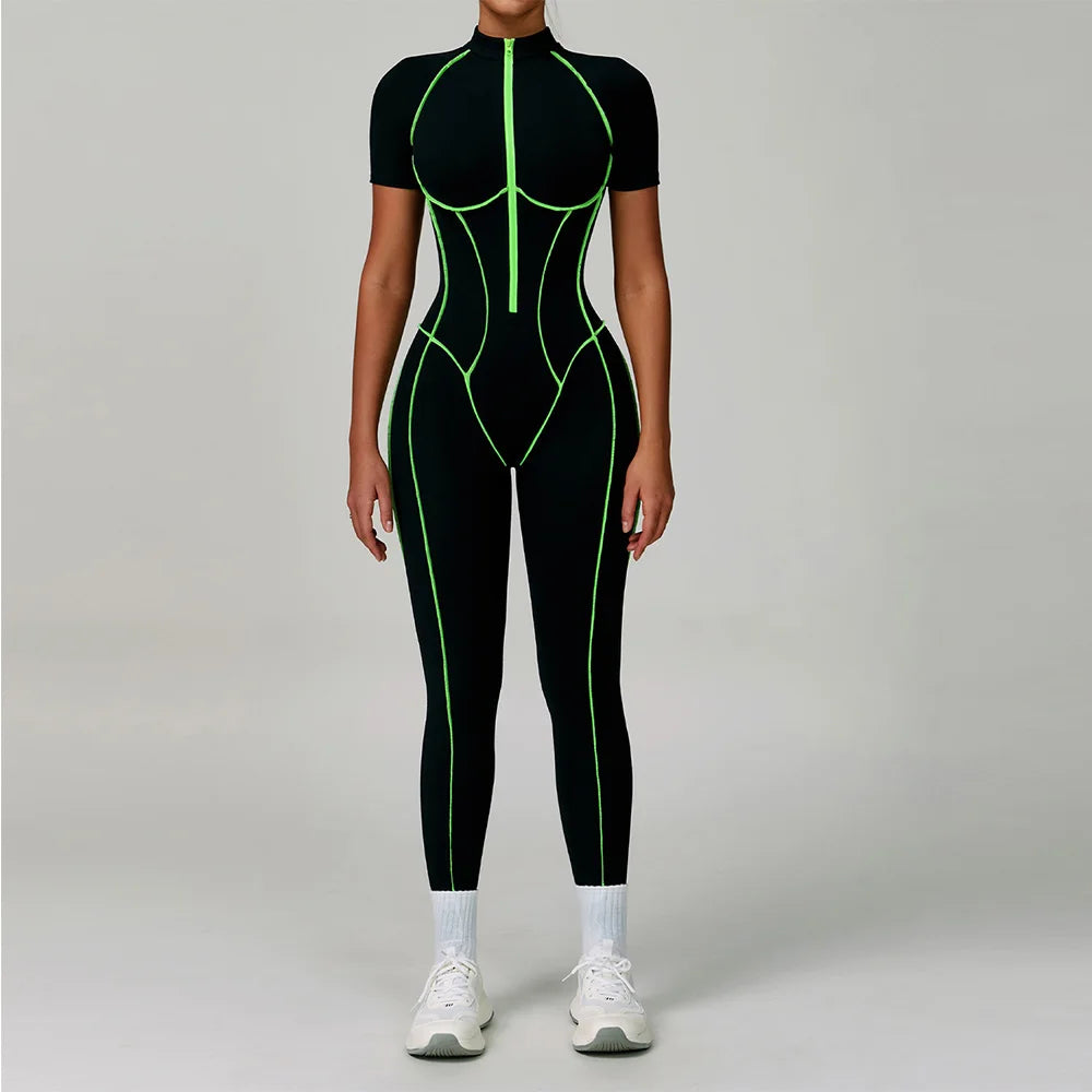 Zip-Up Short Sleeve Romper - Women's Push-Up Gym Jumpsuit