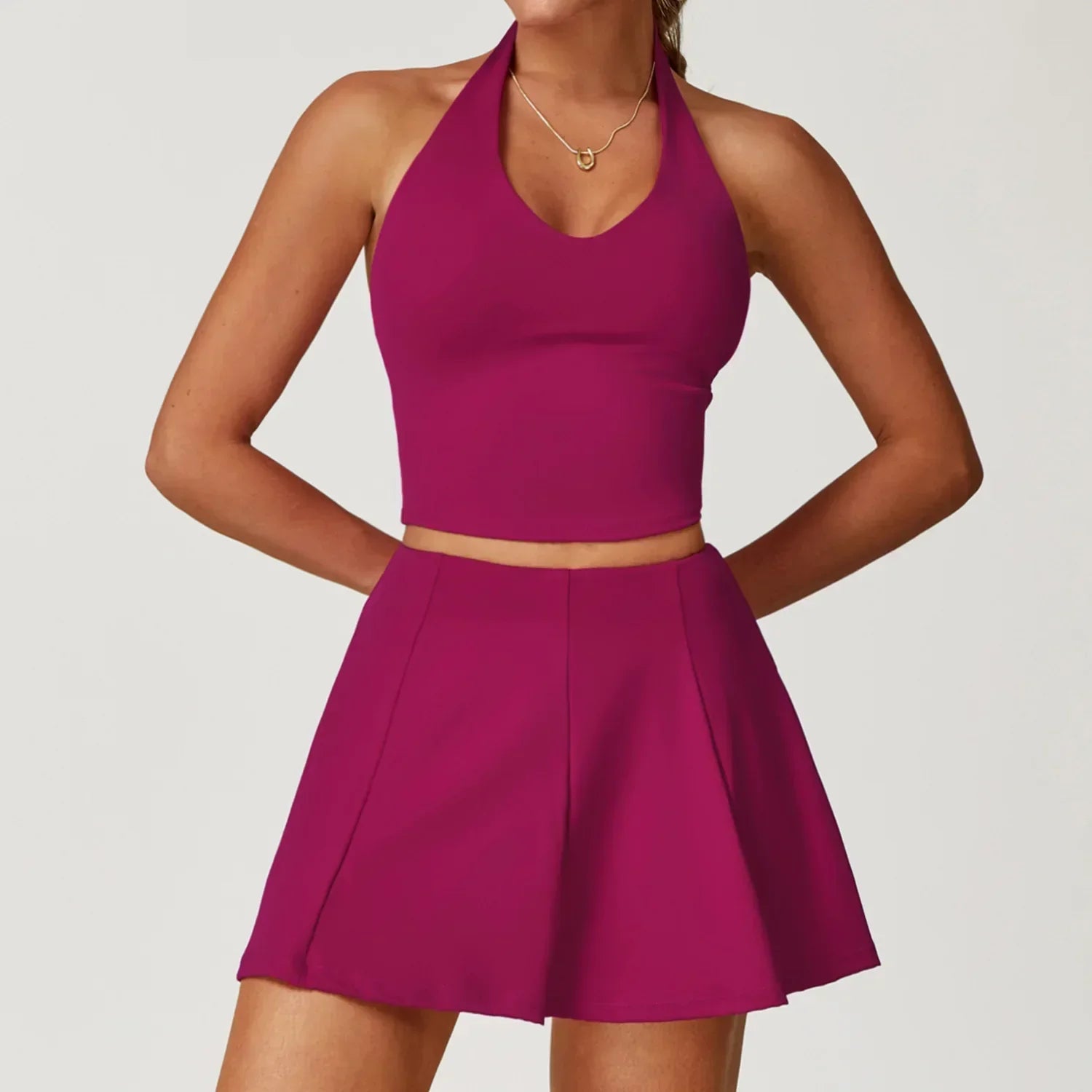 2-Piece Halter Bra & Skirt Set - Women's Fitness Tracksuit