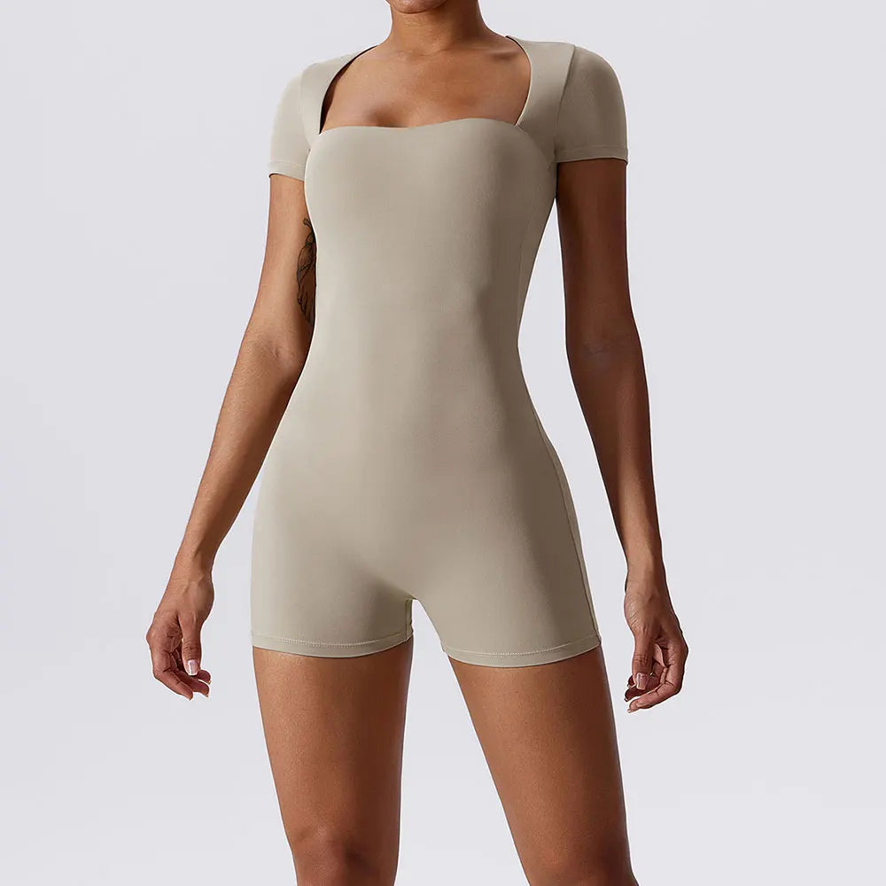 Short Sleeve One-Piece Yoga Suit - Women's Push-Up Bodysuit