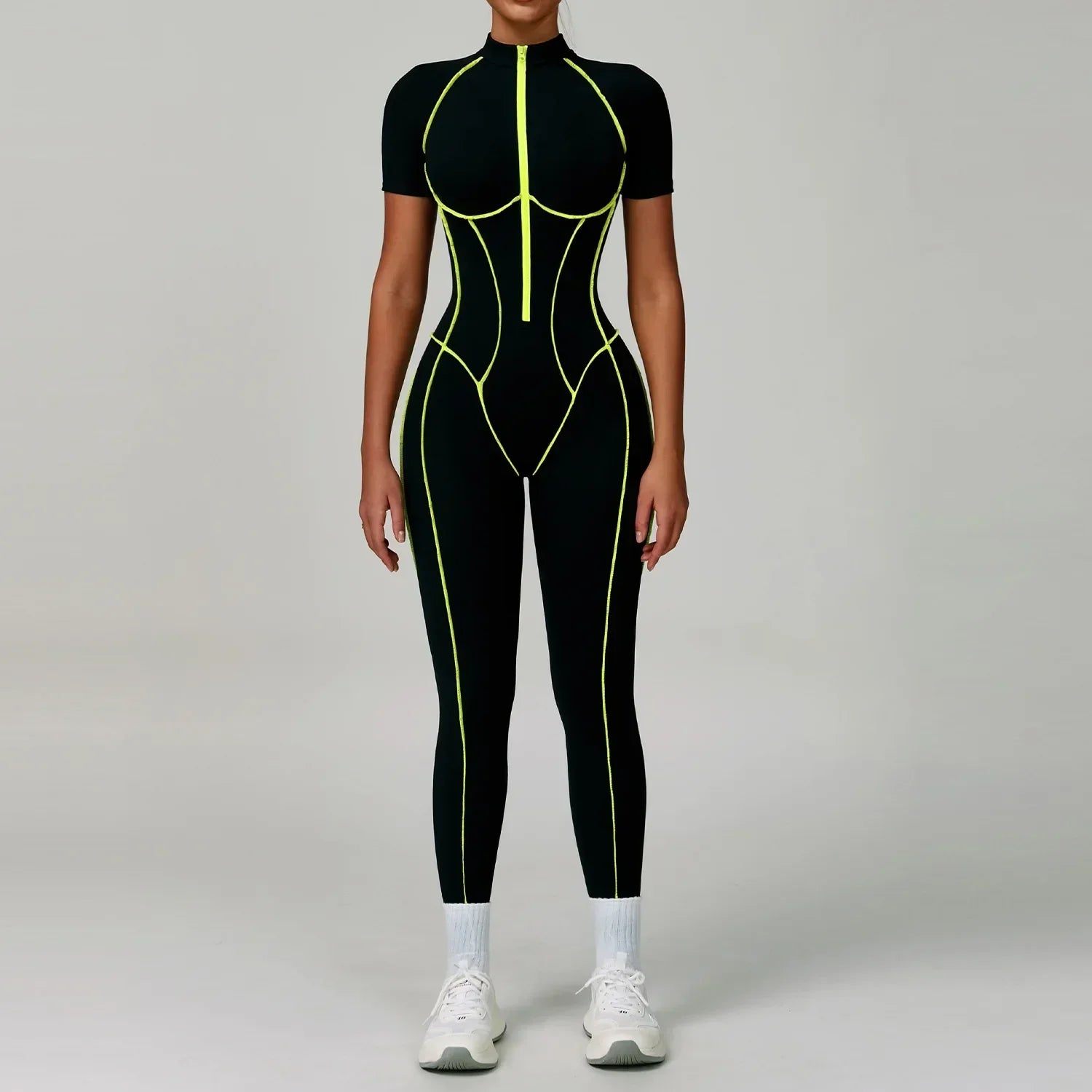 Zip-Up Short Sleeve Romper - Women's Push-Up Gym Jumpsuit
