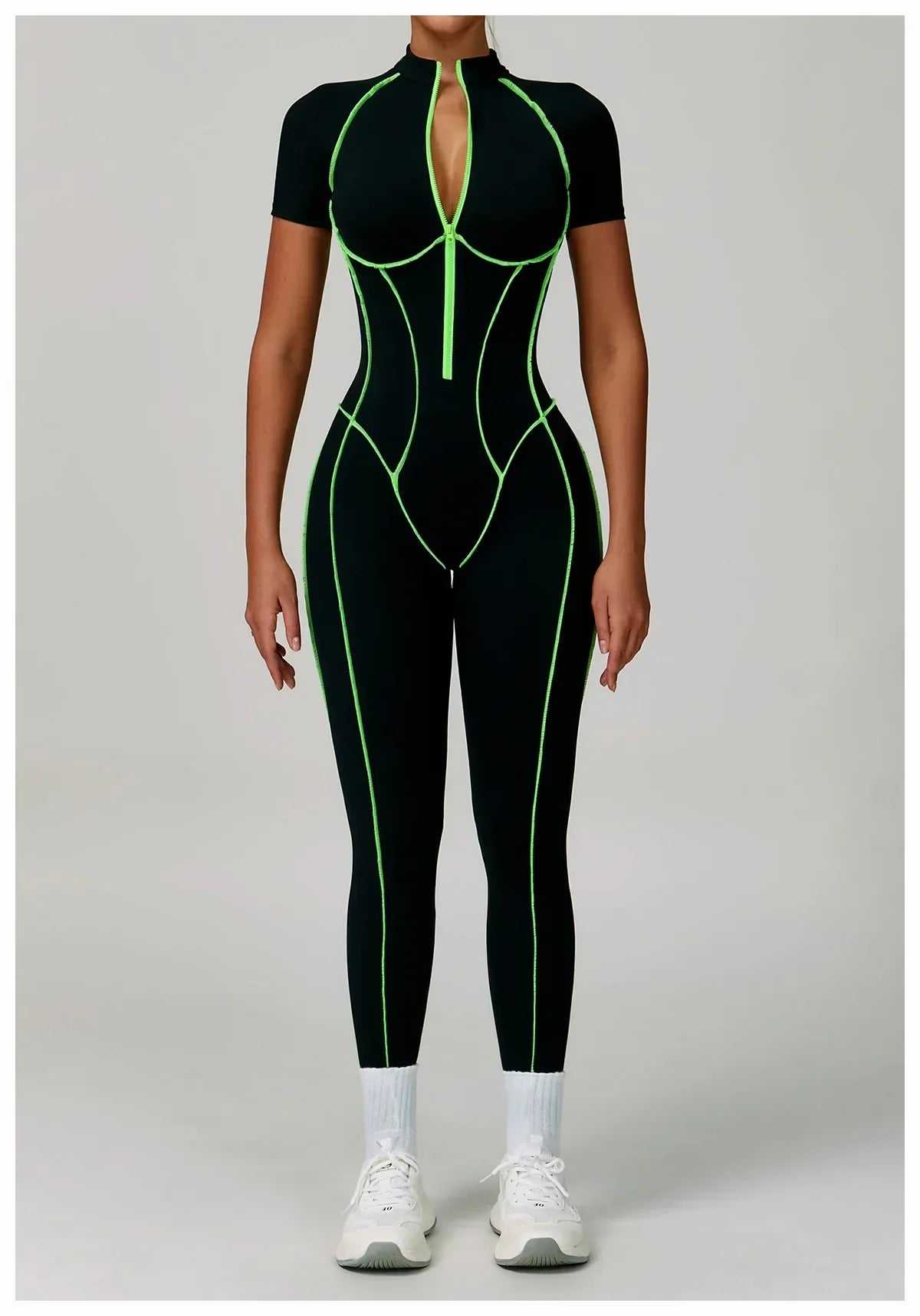 Zip-Up Short Sleeve Romper - Women's Push-Up Gym Jumpsuit