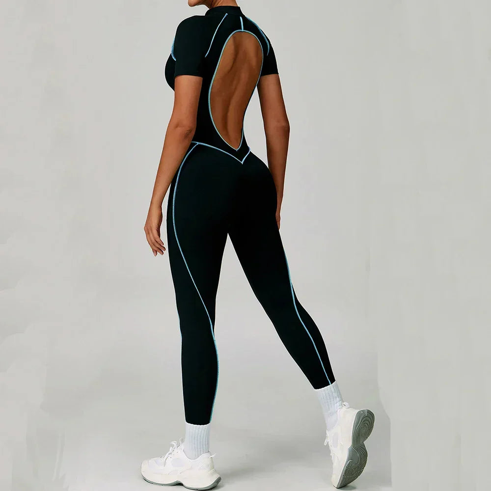 Zip-Up Short Sleeve Romper - Women's Push-Up Gym Jumpsuit