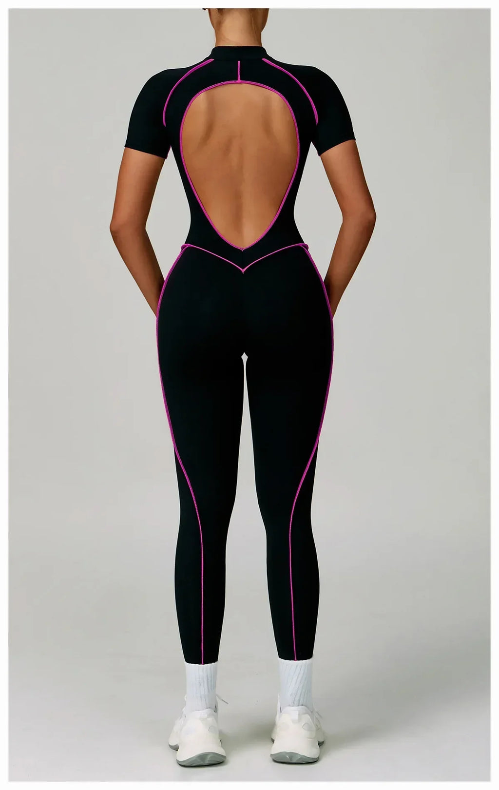 Zip-Up Short Sleeve Romper - Women's Push-Up Gym Jumpsuit