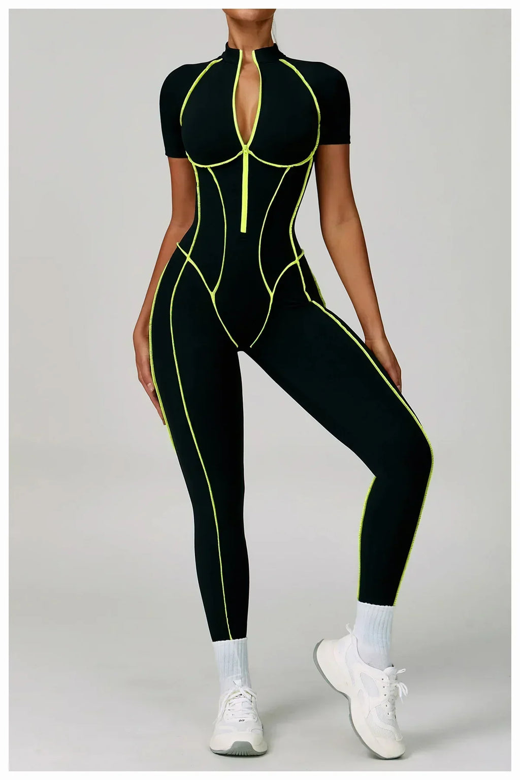 Zip-Up Short Sleeve Romper - Women's Push-Up Gym Jumpsuit