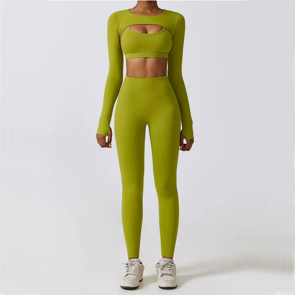 2/3-Piece Activewear Set - Leggings, Bra & Long Sleeve Top