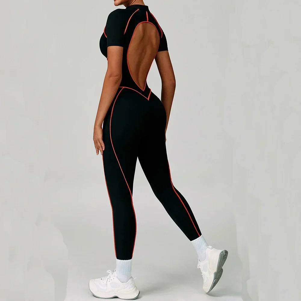 Zip-Up Short Sleeve Romper - Women's Push-Up Gym Jumpsuit