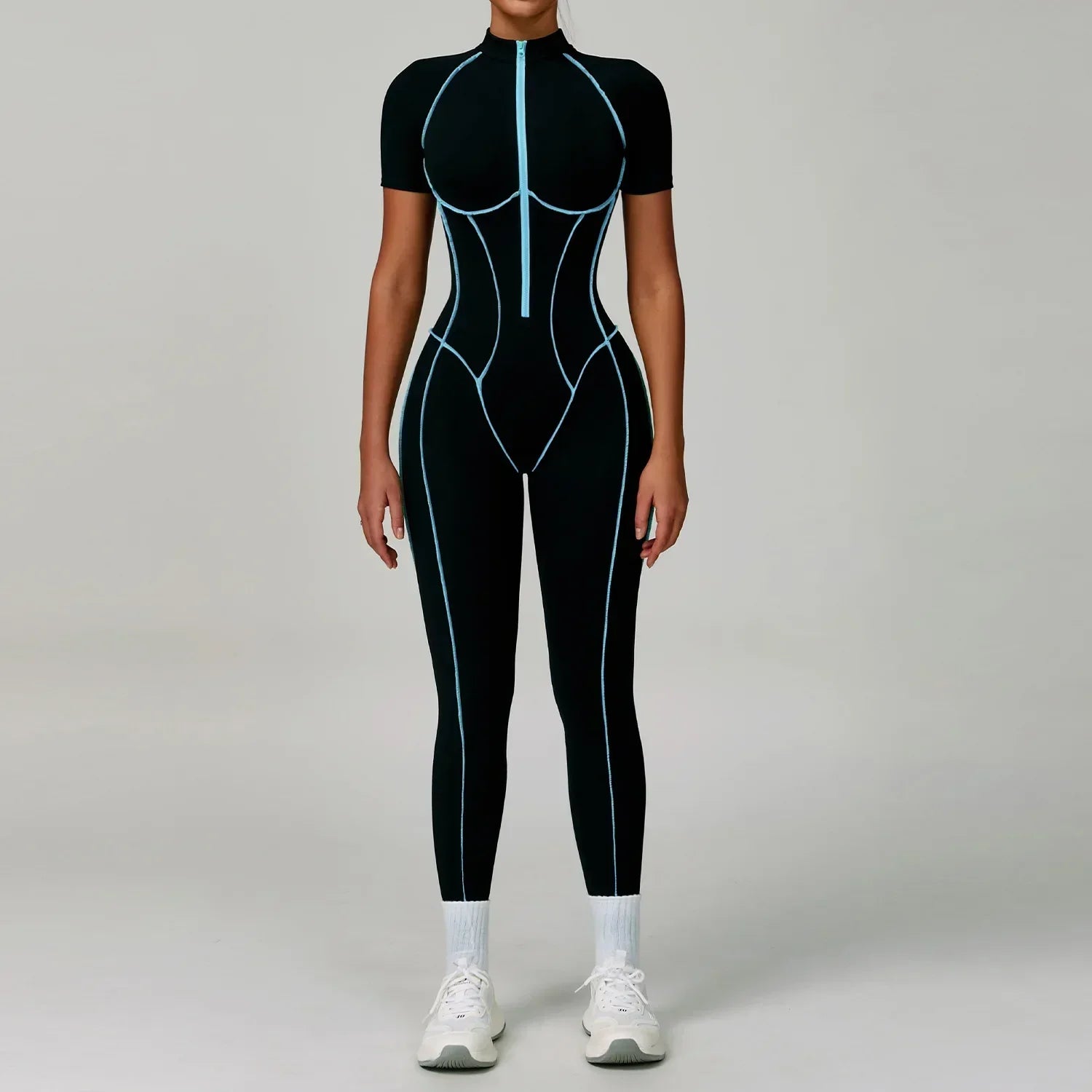 Zip-Up Short Sleeve Romper - Women's Push-Up Gym Jumpsuit