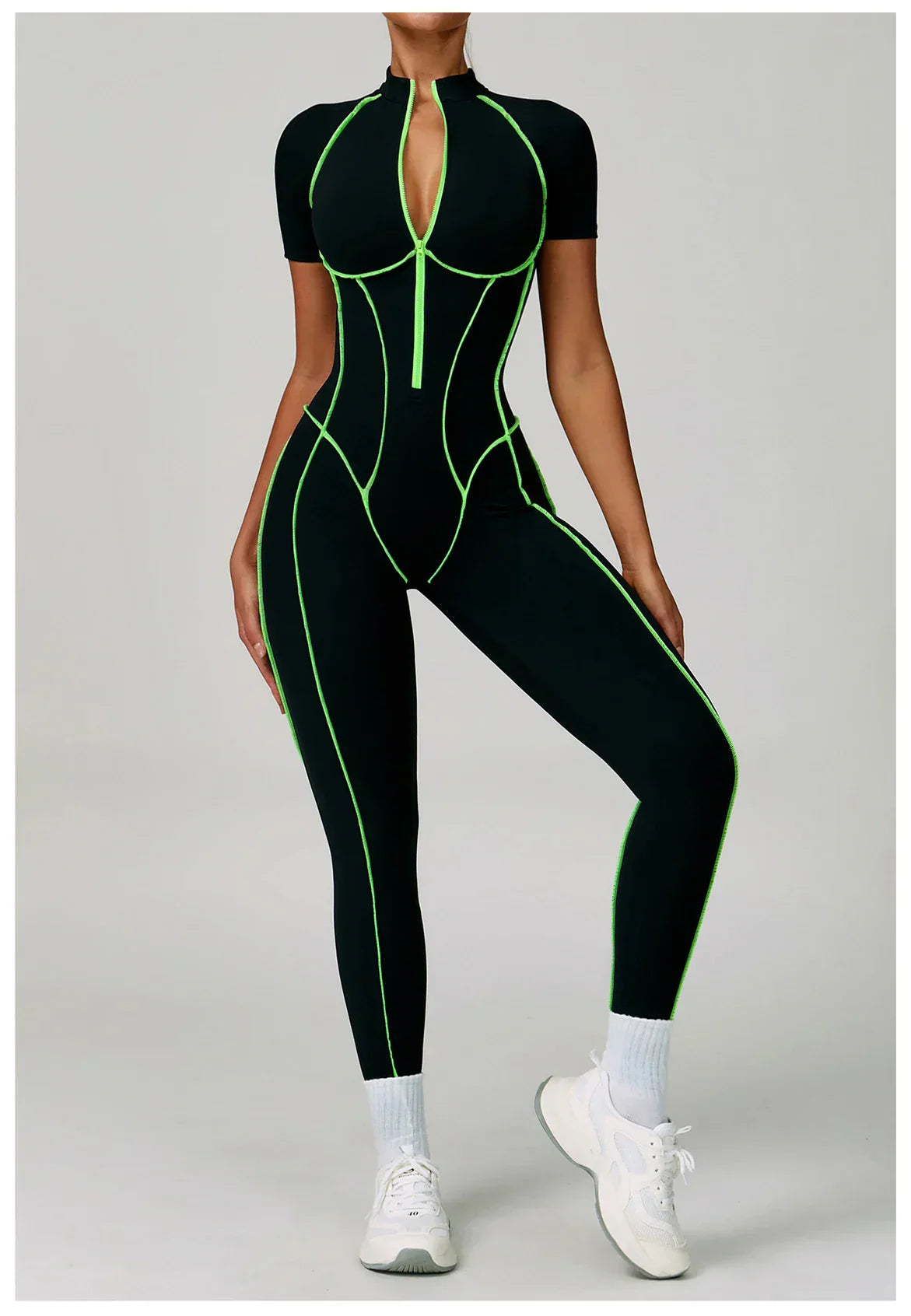 Zip-Up Short Sleeve Romper - Women's Push-Up Gym Jumpsuit