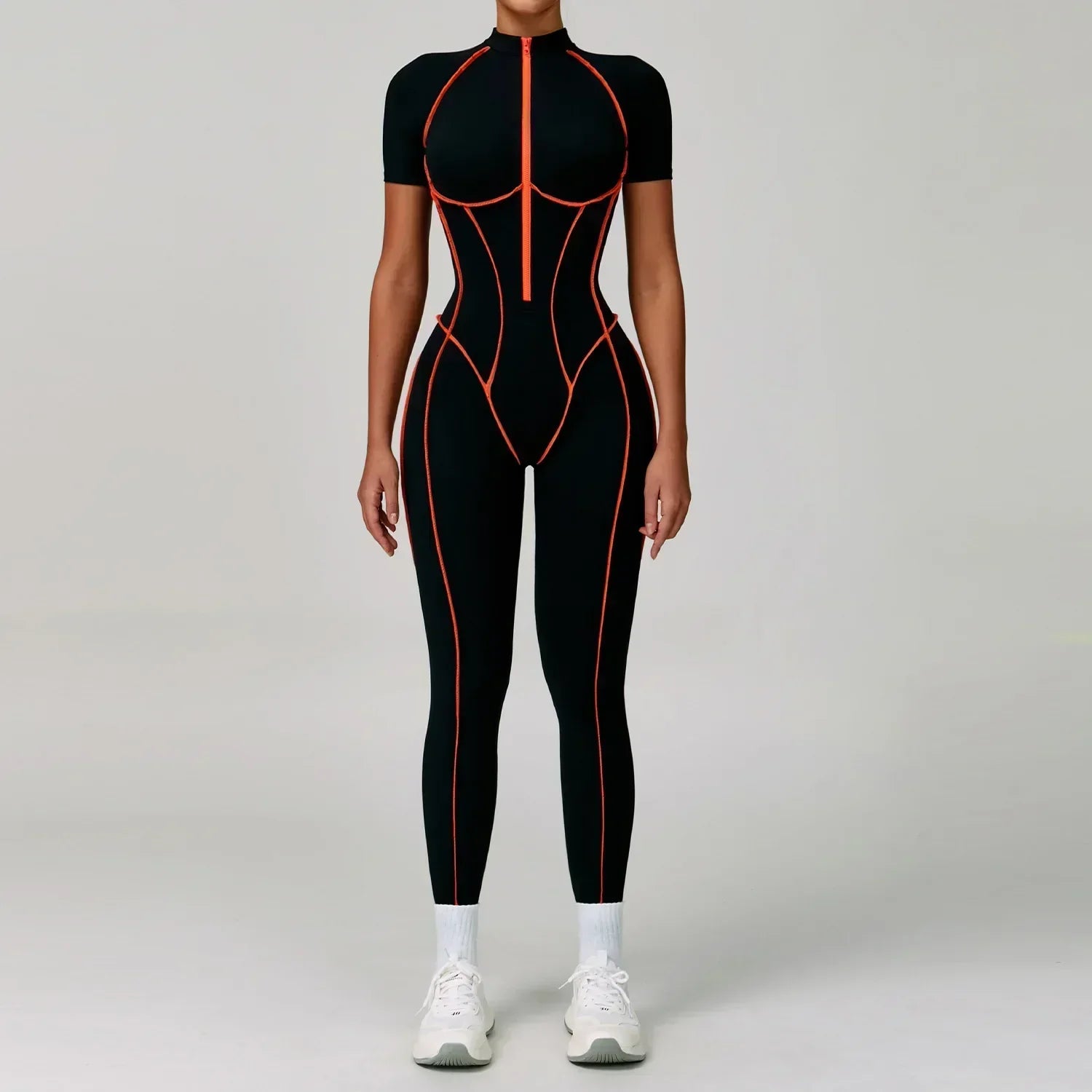 Zip-Up Short Sleeve Romper - Women's Push-Up Gym Jumpsuit