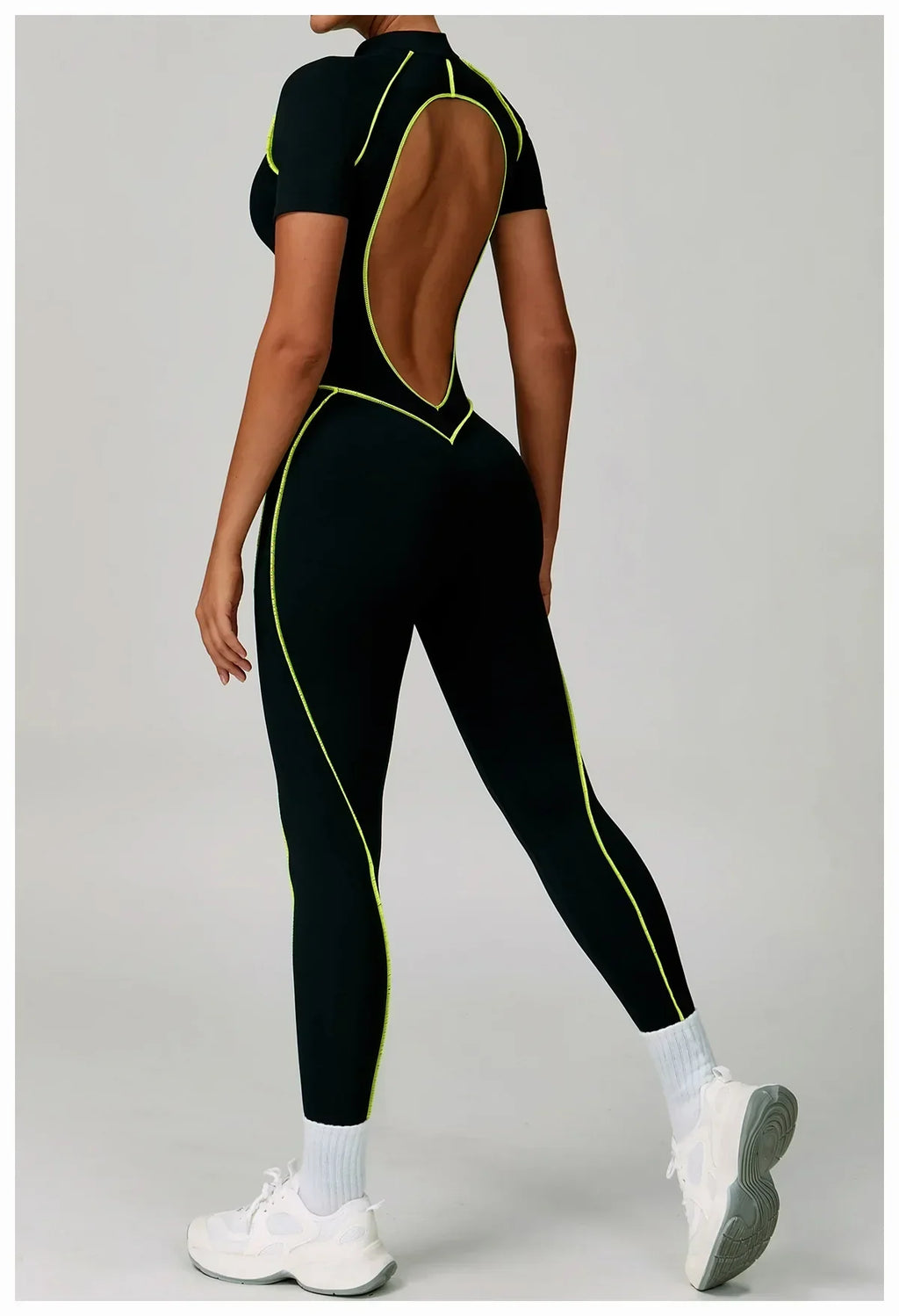 Zip-Up Short Sleeve Romper - Women's Push-Up Gym Jumpsuit