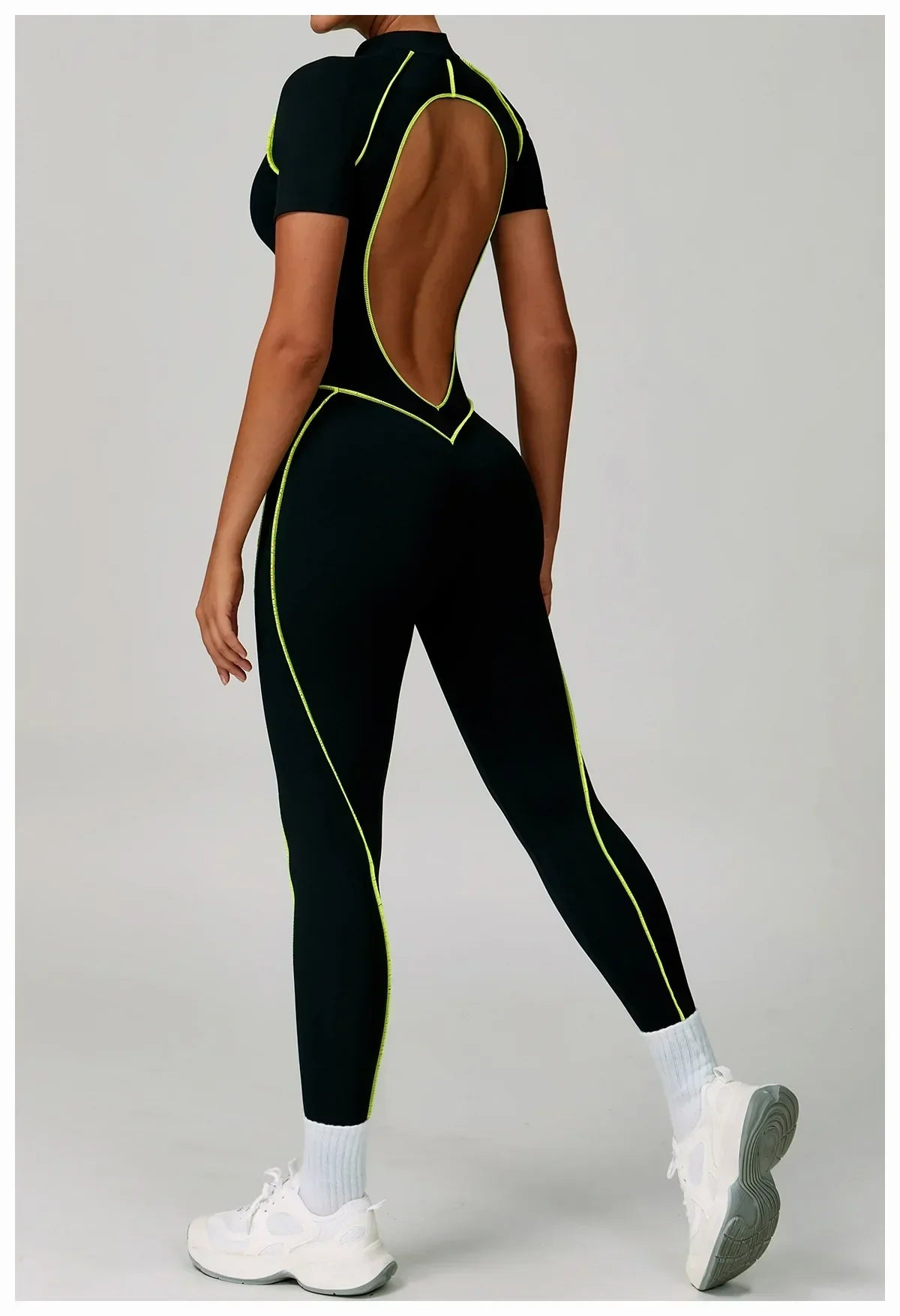 Zip-Up Short Sleeve Romper - Women's Push-Up Gym Jumpsuit
