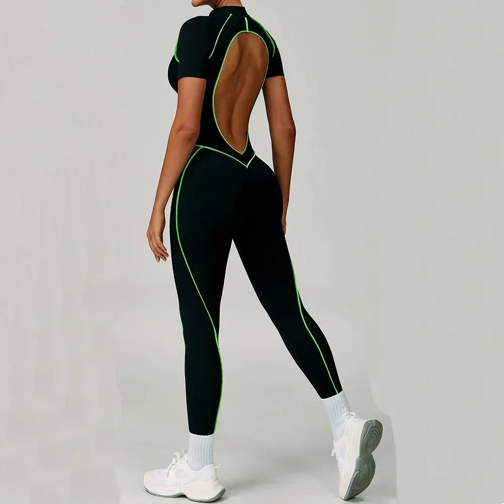 Zip-Up Short Sleeve Romper - Women's Push-Up Gym Jumpsuit