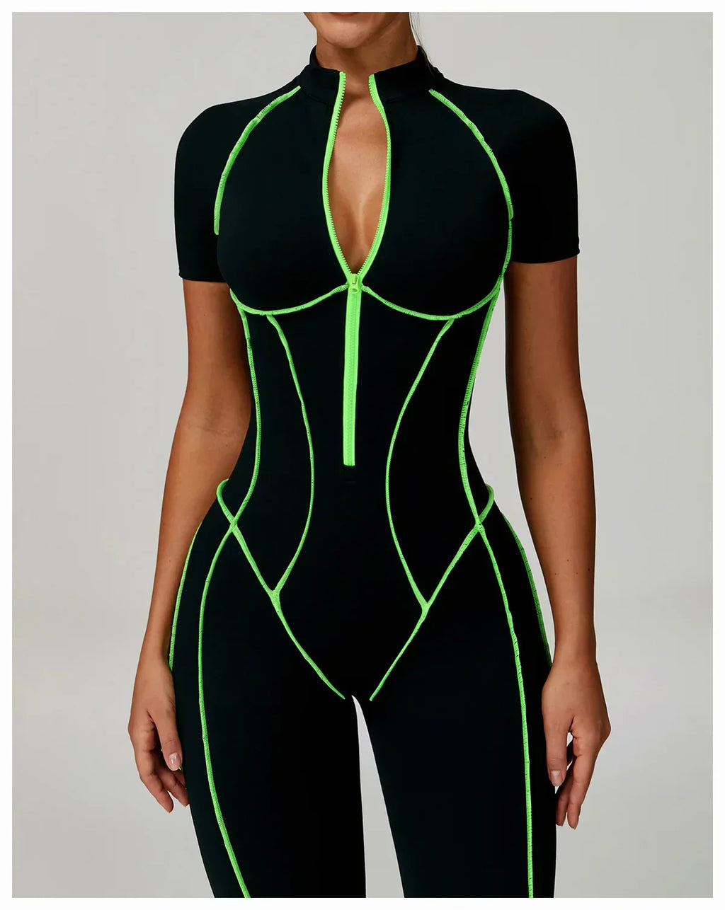 Zip-Up Short Sleeve Romper - Women's Push-Up Gym Jumpsuit