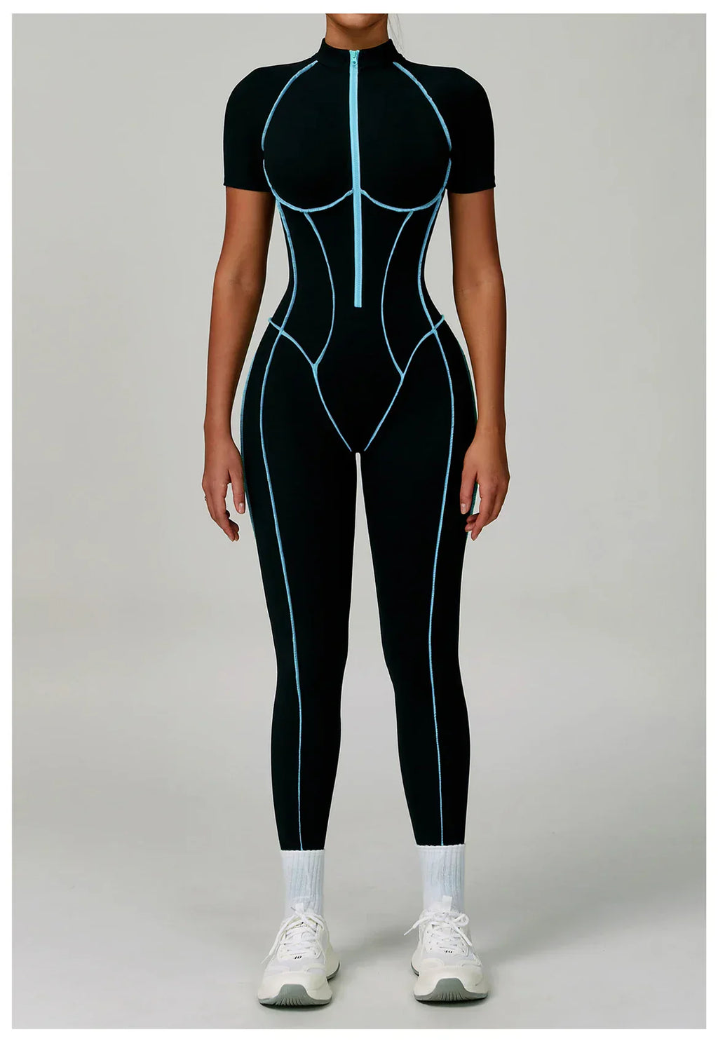 Zip-Up Short Sleeve Romper - Women's Push-Up Gym Jumpsuit