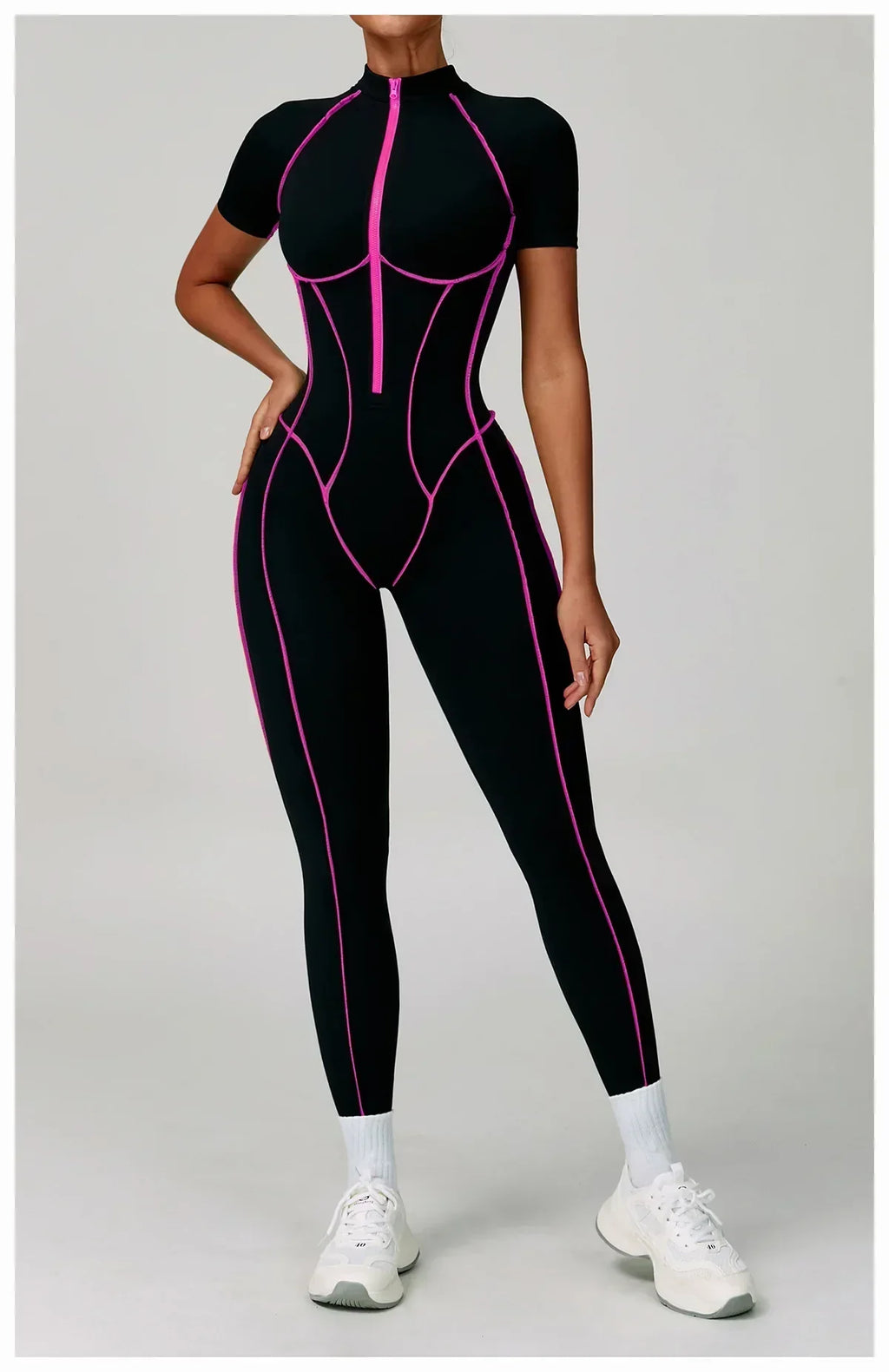 Zip-Up Short Sleeve Romper - Women's Push-Up Gym Jumpsuit