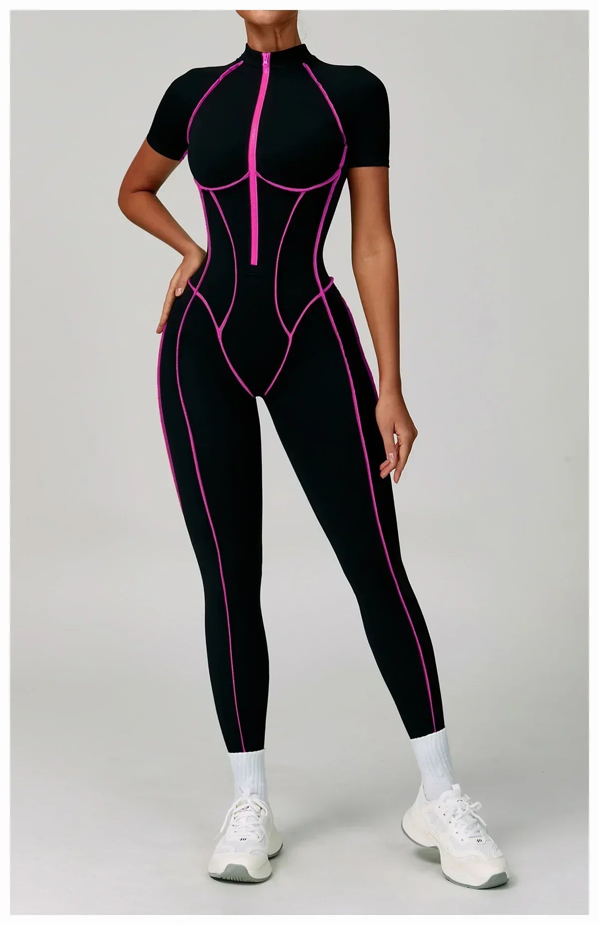 Zip-Up Short Sleeve Romper - Women's Push-Up Gym Jumpsuit