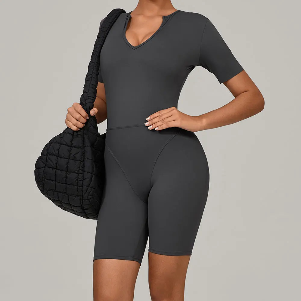 Short Sleeve Summer Romper - Women's Push-Up Yoga Bodysuit
