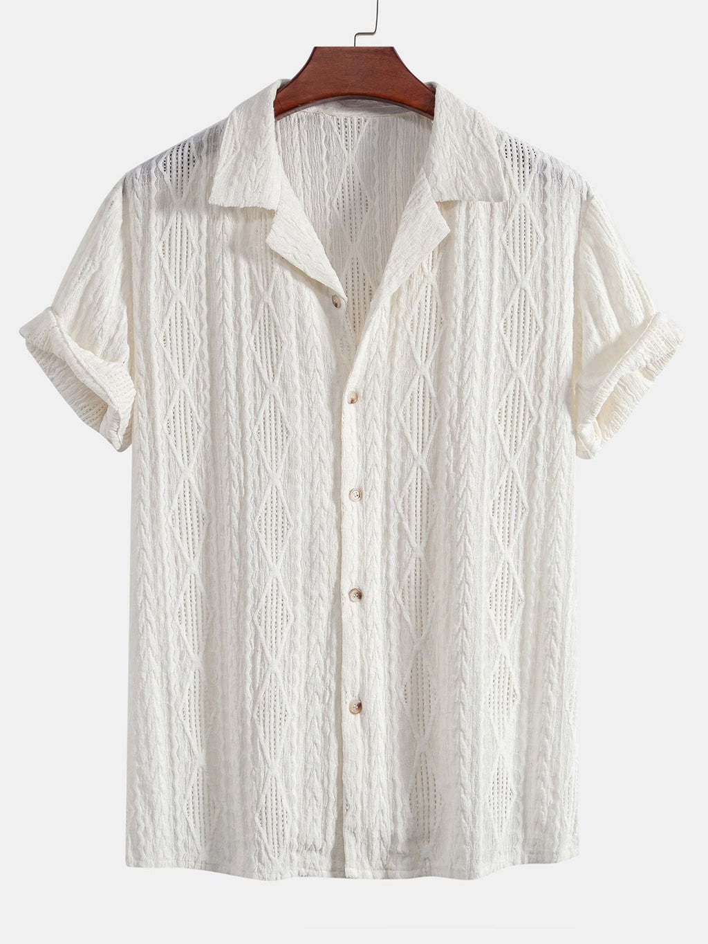 Geometric Jacquard Eyelet Cuban Shirt & Crinkled Textured Drawstring Shorts